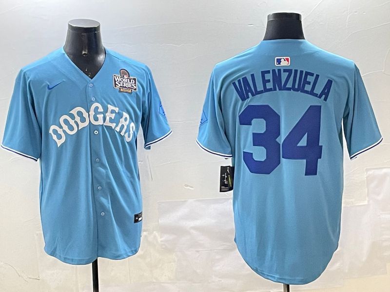 Men Los Angeles Dodgers #34 Valenzuela Light Blue Joint Name 2025 Nike MLB Jersey style 31615